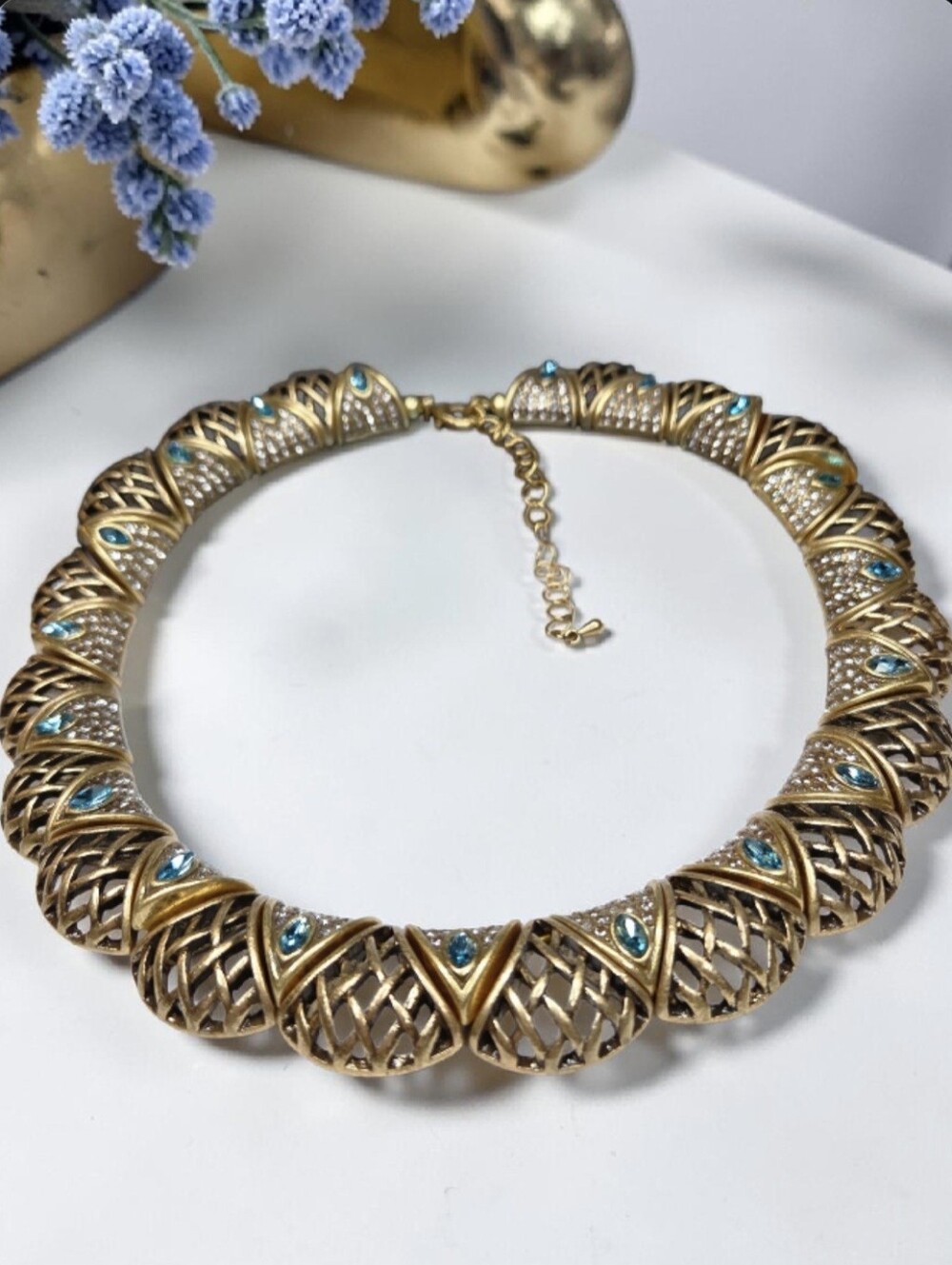 Antiqued Gold Chunky Lattice Aquamarine Crystal Statement Necklace